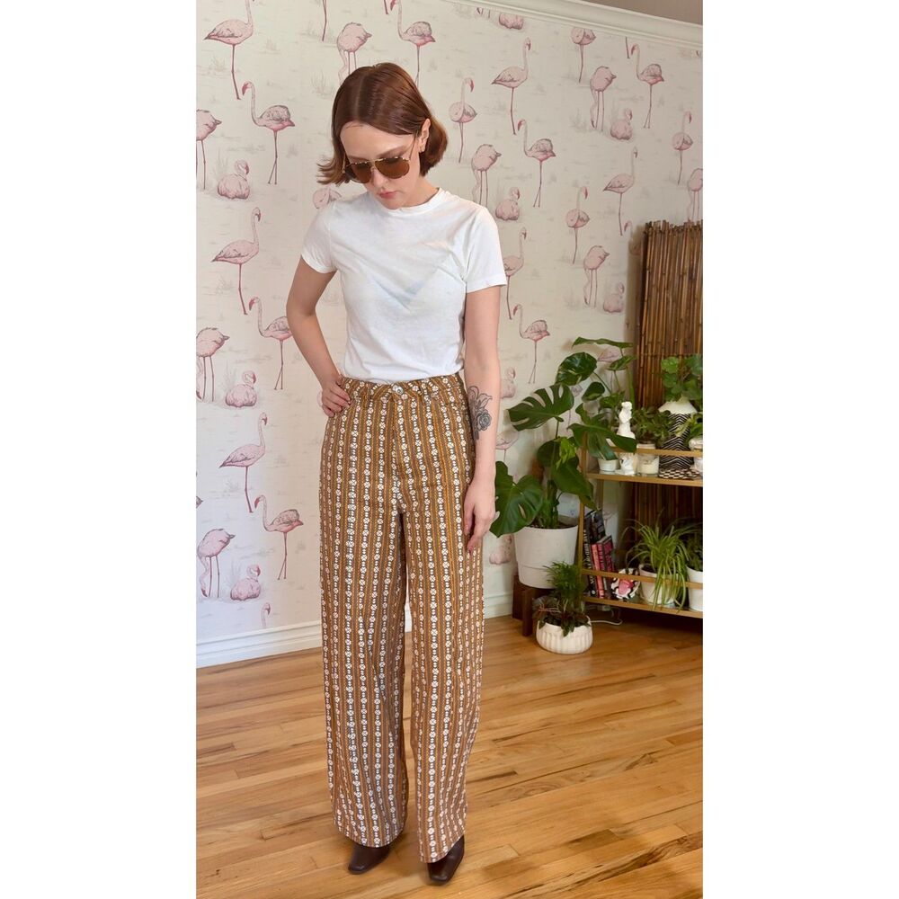 Vintage Daisy Print Yellow and Brown Wide Leg Floral Pant Size 8 - Picture 5 of 10